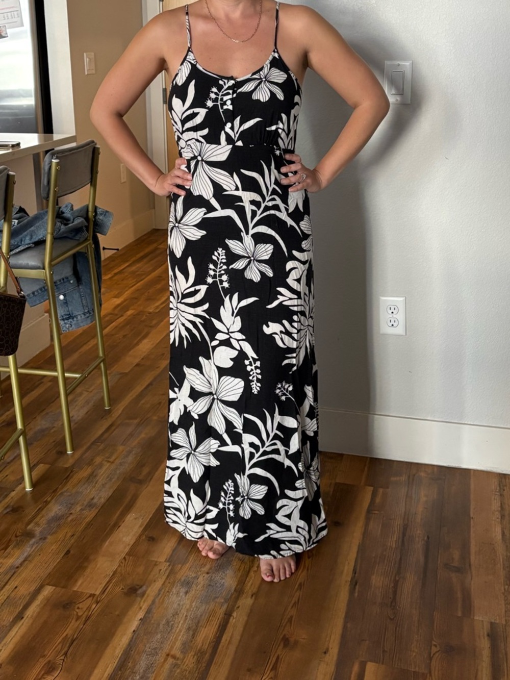 Black & White Floral Maxi Dress - Sleeveless Spaghetti Strap